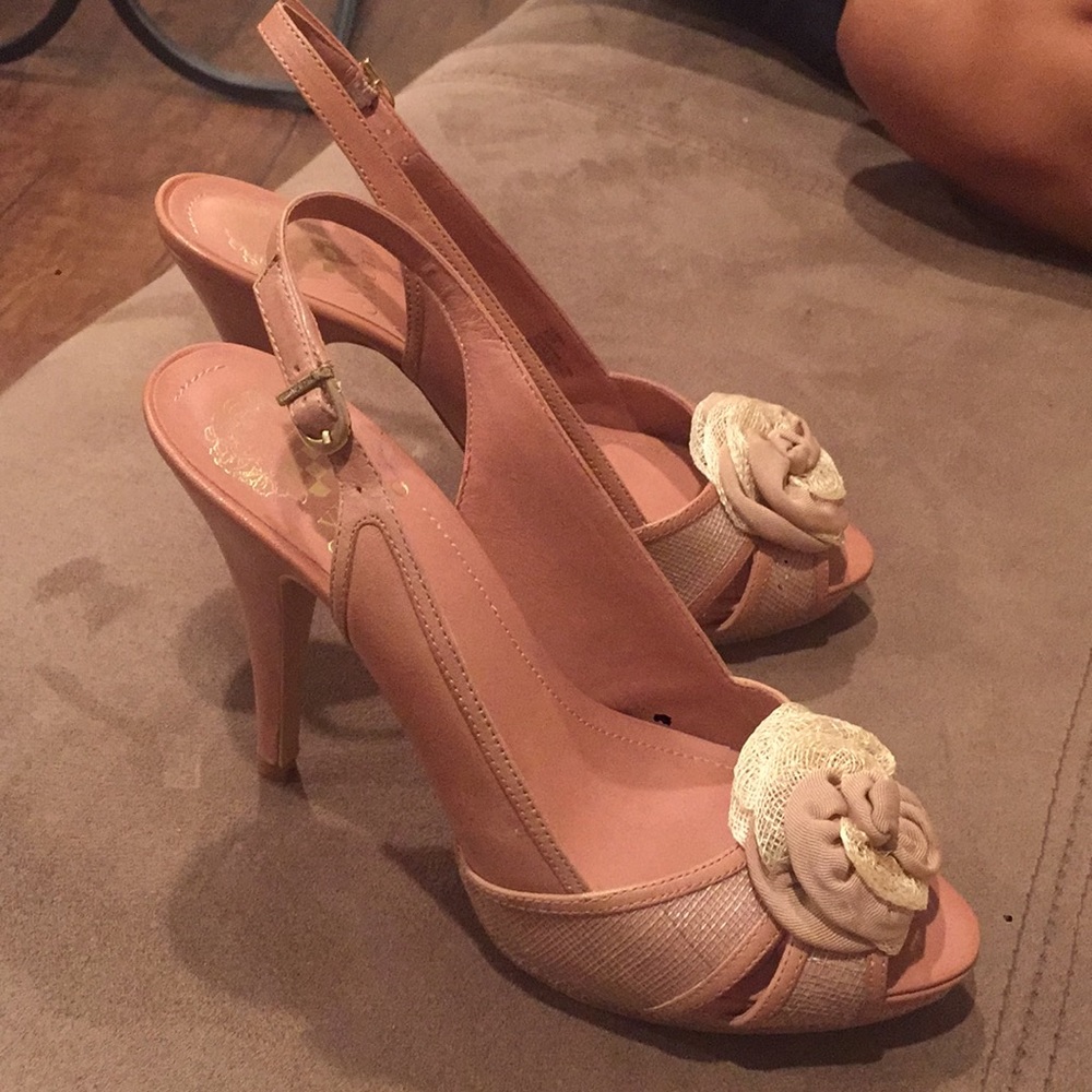 Taupe/Nude peep toe strap heel
